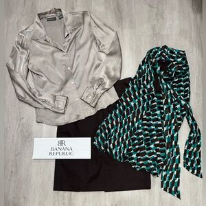 3 Item Career Bundle - Banana Republic Silk Shirt, Sleeveless Top, Brown Skirt